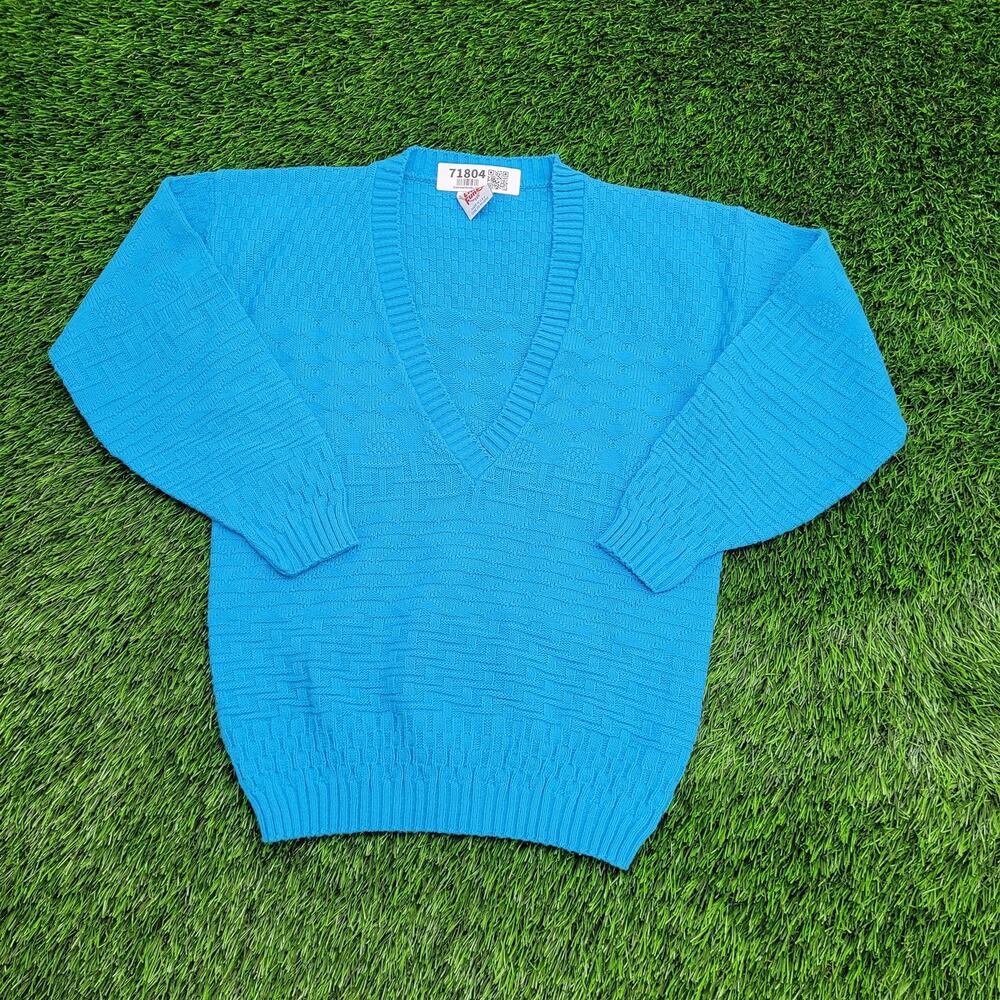 Vintage Little Funky Deep V-Neck Sweater Womens 2XS/XS 17x22 USA Turquoise